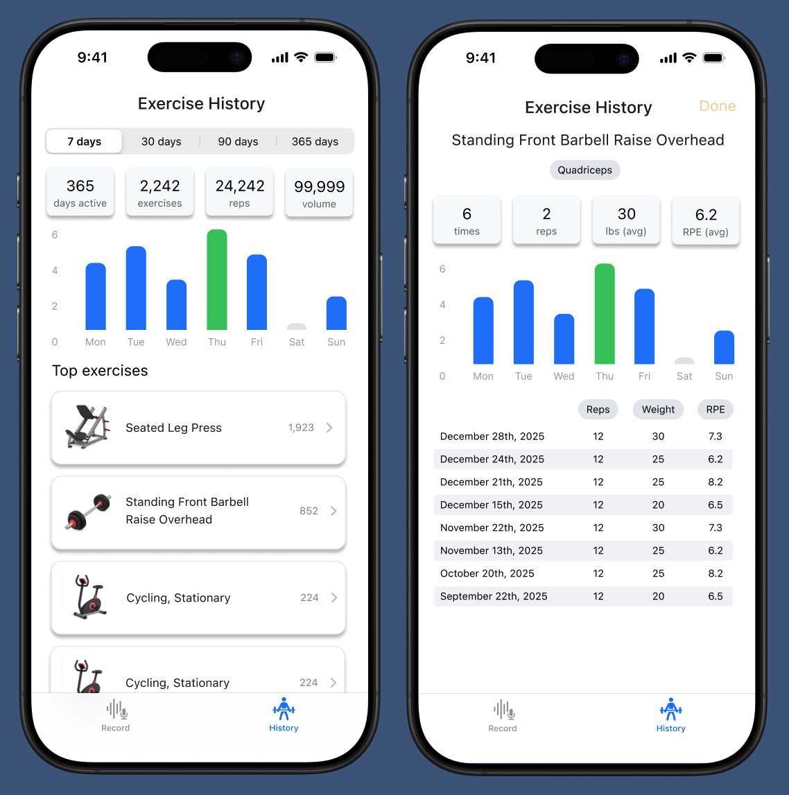 Cooper's Corner fitness app screenshots showing exercise history and workout tracking